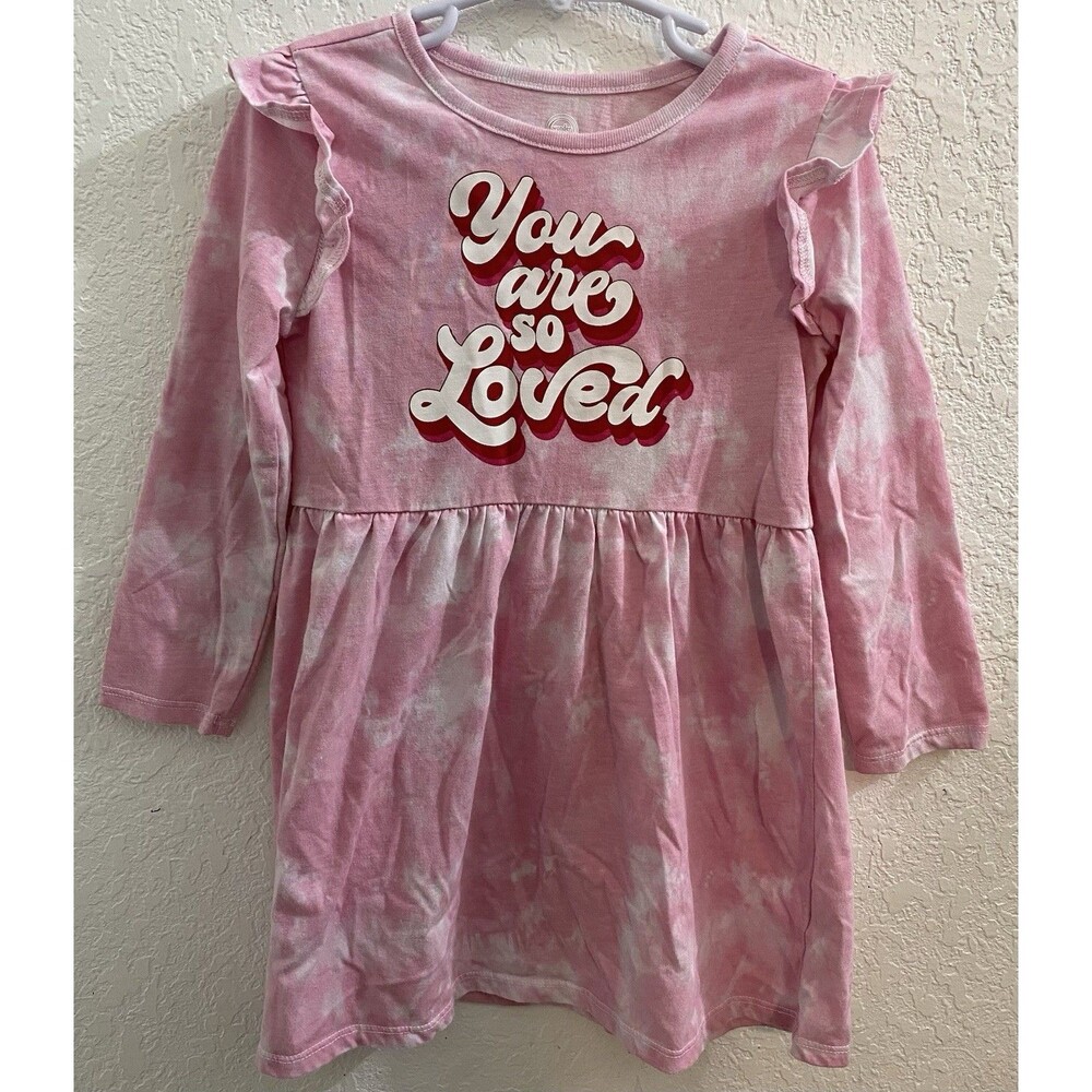 Wonder Nation Girls 4T Pink Tie Dye You Are So Loved Ruffle Dress Long Sleeve